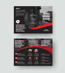 Vector trifold template with creative red design on black background for information presentation, business concept.