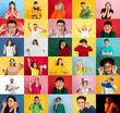 Collage of faces of 25 emotional people on multicolored backgrounds. Expressive male and female models, multiethnic group. Human emotions, facial expression concept. Sales, online shopping, dancing.