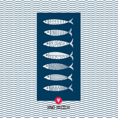 Wall Mural - Cute fish card. Motif with sardines.