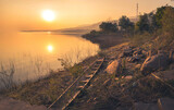 Fototapeta Zachód słońca - Sunset wiht golden hour, landscape photo and lake photography
