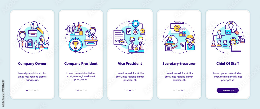 Company top management jobs onboarding mobile app page screen with ...