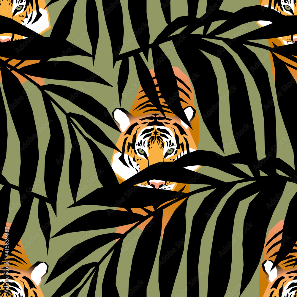 Vector seamless pattern with tigers hiding in the jungle palm leaves ...