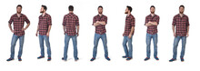 The Same Man In Various Poses With Plaid Shirt On White Background