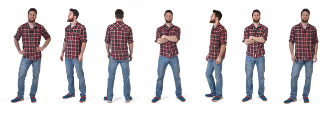 the same man in various poses with plaid shirt on white background
