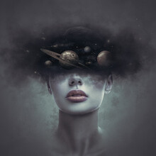 Fantasy Art Portrait Of Young Woman With Head In Galaxy Outer Space Cloud