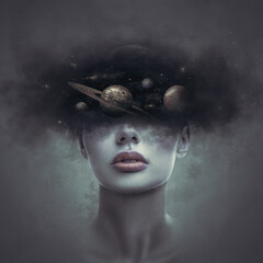 Fantasy art portrait of young woman with head in galaxy outer space cloud