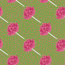 Chinese Floral Seamless Nature Pattern With Hand Drawn Pink Lotus Silhouettes. Green Dotted Background.