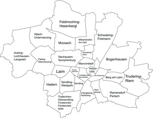  Simple white vector map with black borders and names of boroughs (Stadtbezirke) of Munich, Germany