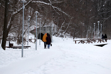 Wall Mural - Couple walking in winter park, picturesque view. Snow covered trees and lanterns, cold weather