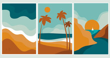  Set Of Summer Abstract Content Modern Landscape Poster Banner Illustration, Background In Yellow And Blue Colors. Sandy Beach, Mountains, Beach On The Sea, Palms, Ocean. Vector Graphics
