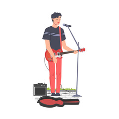 Sticker - Street Male Musician Playing Guitar with Donate Guitar Case, Live Performance Concept Cartoon Style Vector Illustration