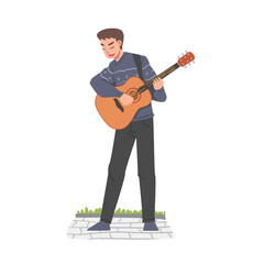 Sticker - Male Street Guitarist Character Playing Acoustic Guitar, Live Performance Cartoon Style Vector Illustration