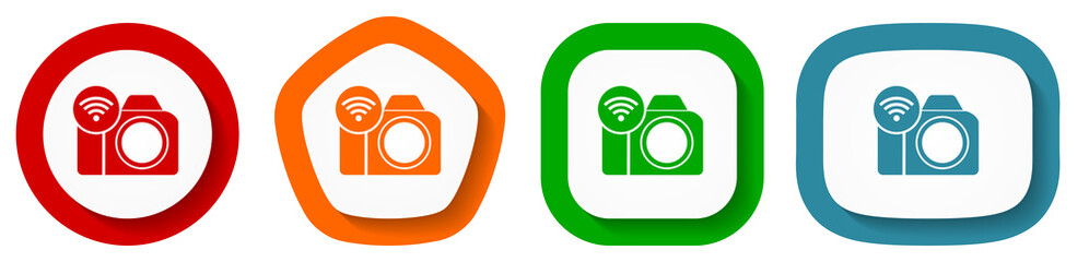 Leinwandbilder - Photo camera, communication, wifi vector icon set, flat design buttons on white background