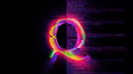 Wall Mural - Q | Neon Glow | 3D Render Illustration + Glitch & Matrix-Effekt