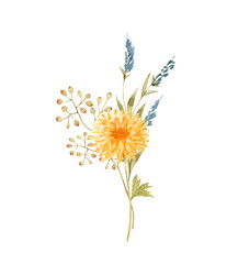 Wall Mural - delicate bouquet with yellow flower watercolor illustration on white background, hand painted