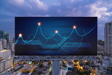 FOREX graph hologram on billboard, aerial night panoramic cityscape of Bangkok. The developed location for stock market researchers in Southeast Asia. The concept of fundamental analysis