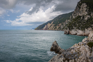 Cliff sea coast near Grotta di Lord Byron in Portovenere or Porto Venere town on Ligurian coast. Province of La Spezia. Italy