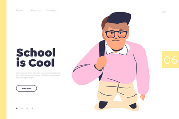 Wall Mural - School is cool landing page concept with cute school boy wearing glasses and cap and holding backpack