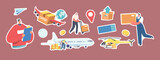 Fototapeta Pokój dzieciecy - Set of Stickers Air Cargo Transportation Theme. Loader Characters Loading Parcels on Airplane and Helicopter, Winged Box