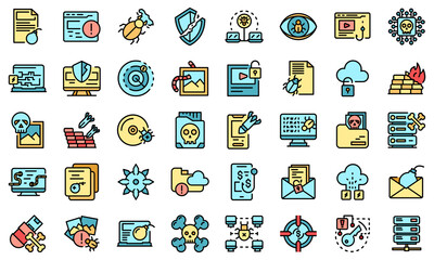 Sticker - Malware icons set. Outline set of malware vector icons thin line color flat on white