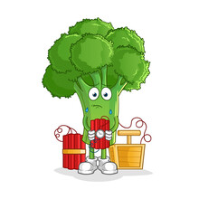 Broccoli Holding Dynamite Character. Cartoon Mascot Vector