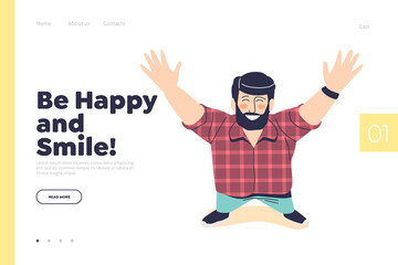 Wall Mural - Be happy and smile concept of landing page with cheerful man looking up, top view from above