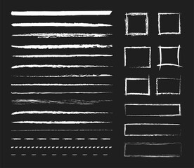 Chalk graphic elements. Vector set of chalk brushes, grunge lines, strokes, square frame, rectangle. Hand drawn elements on school blackboard. Borders with a rough chalk texture. Horizontal  lines