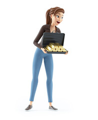Wall Mural - 3d cartoon woman holding briefcase full of gold bars