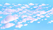 Beautiful cloudy and blue sky background 3d render illustration. 3D rendering full of funny rounded white clouds over warm sky. Cloud computing abstract concept