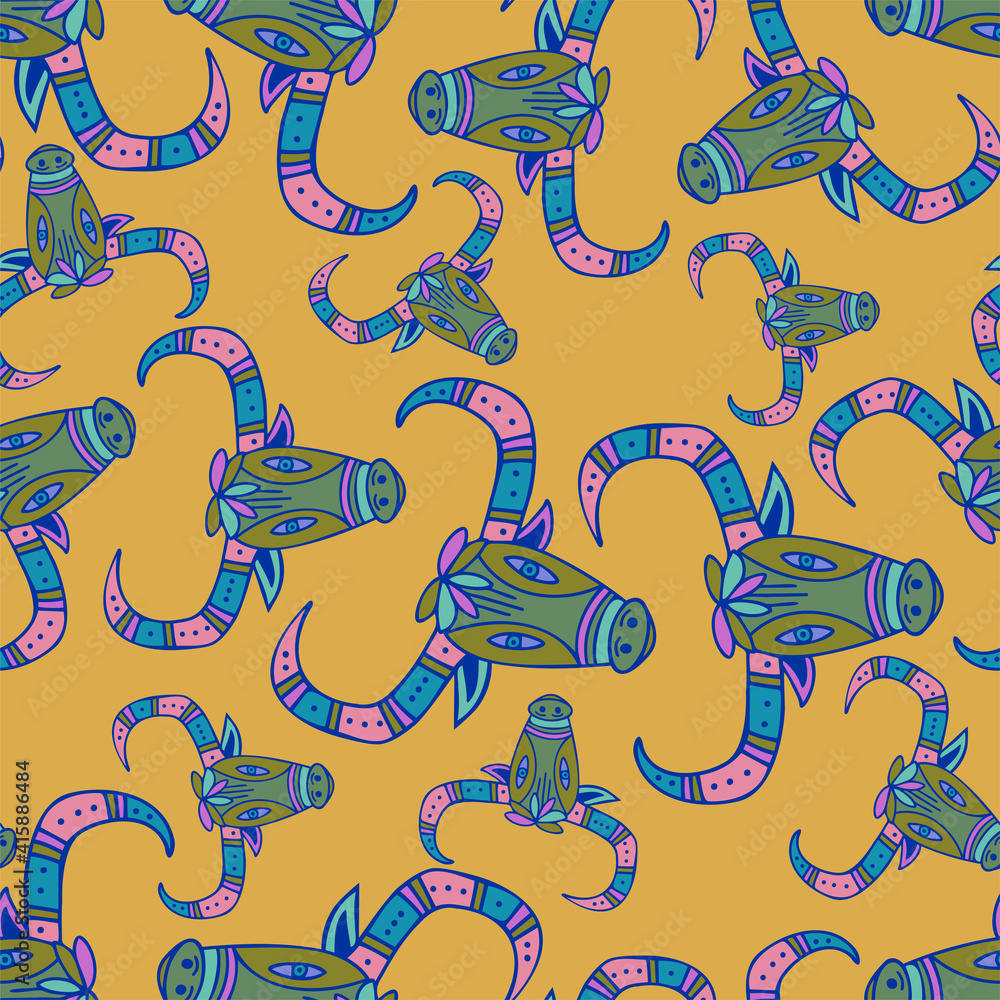 Seamless vector pattern design of ornamental cute lined bull heads in ...