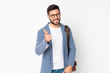 Wall Mural - Caucasian business man isolated on white background points finger at you