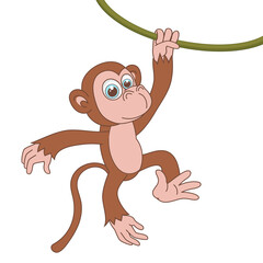 Wall Mural - Monkey hanging on liana. Cartoon character Chimpanzee isolated on white background. Template of cute african animal. Education card for kids learning animals. Vector design in cartoon style.