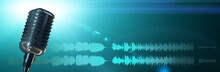Microphone With Yellow Waveform On Modern Blue Background, Broadcasting Or Podcasting Banner