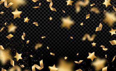 Shiny gold confetti and pieces of serpentine isolated on black background. Bright festive overlay effect with yellow tinsels. Vector illustration. Paper foil stars falling down