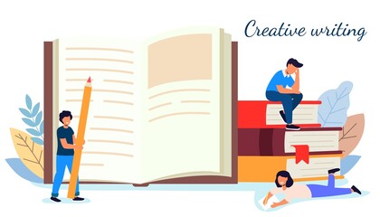 Content creative writing Copywriting and content marketing concept Flat tiny literature text author persons Story vector illustration Blogging Blogger Freelance Content management