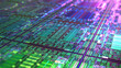 Technology Background CPU Circuit on large wafer. Advanced Technology Concept Visualization. AI Processor, Digital Data Transmission Process. 3D rendering
