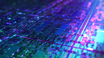 Canvas Print - digital futuristic chip, microchip processor with neon lights. quantum computer, large data processi