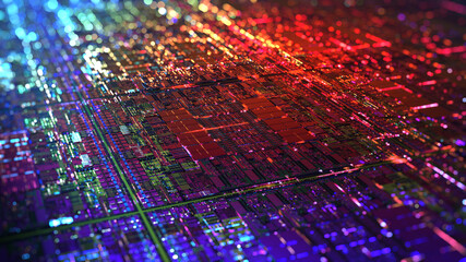 Canvas Print - iridescent multi colored silicon computer wafer with data within circuitry. central computer process