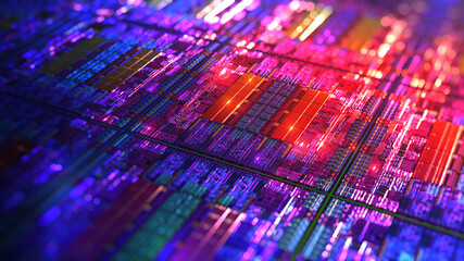 Canvas Print - modern cpu, gpu chip design with iridescent lighting. high-tech electronic component with metallic r
