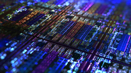 Canvas Print - abstract circuit background with neon lines and dots connecting together, dof. futuristic high techn