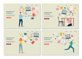  Information overload web banners with stressed people, flat vector illustration.