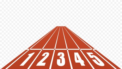 Starting red running track stadium isolated. Straight race track with start white numbers speed and vector endurance competitions.