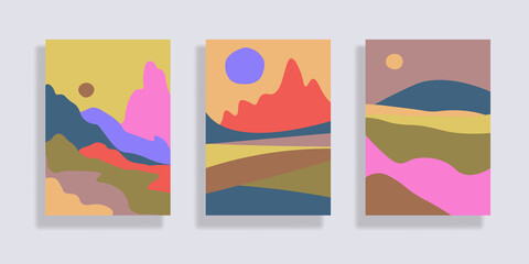  Set of minimalist landscape abstract compositions. Collage organic shapes with geometric nature, sea, sky, sun, mountain landscape. Great for design wall decoration, postcard or brochure cover. Vecto