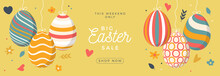 Easter Egg Sale Horizontal Banner. Easter Card With Flat Eggs Hang On A Thread, Colorful Ornate Eggs On White Modern Background. Vector Illustration. Place For Your Text