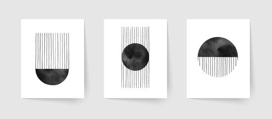 Set of abstract hand painted geometric compositions. Mid century modern posters.