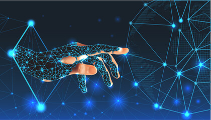 Hand touch gesture on futuristic background technology with lines and dots.Realistic vector illustration .