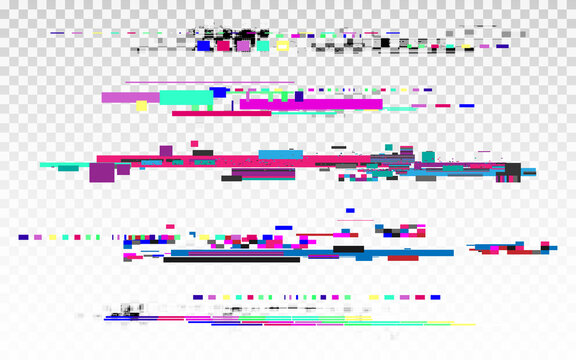 Fototapete - Glitch set with color elements. Digital abstract shapes. Random pixel elements. Modern cyberpunk broken effect. Data noise texture. Vector illustration