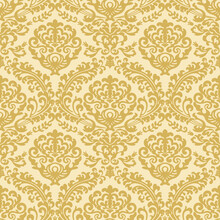 Golden Seamless Floral Damask Pattern On A Yellow Background In Vector, Wallpaper, Fabric. Design Element, Vintage Ornament 