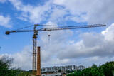 Fototapeta  - Cranes build high-rise buildings and bright skies in developing big cities.