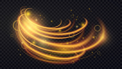 Gold luminous abstract light effect vector illustration. Luxury dynamic sparkles and motion lines decoration elements in golden shiny color, neon bright energy trails on transparent black background